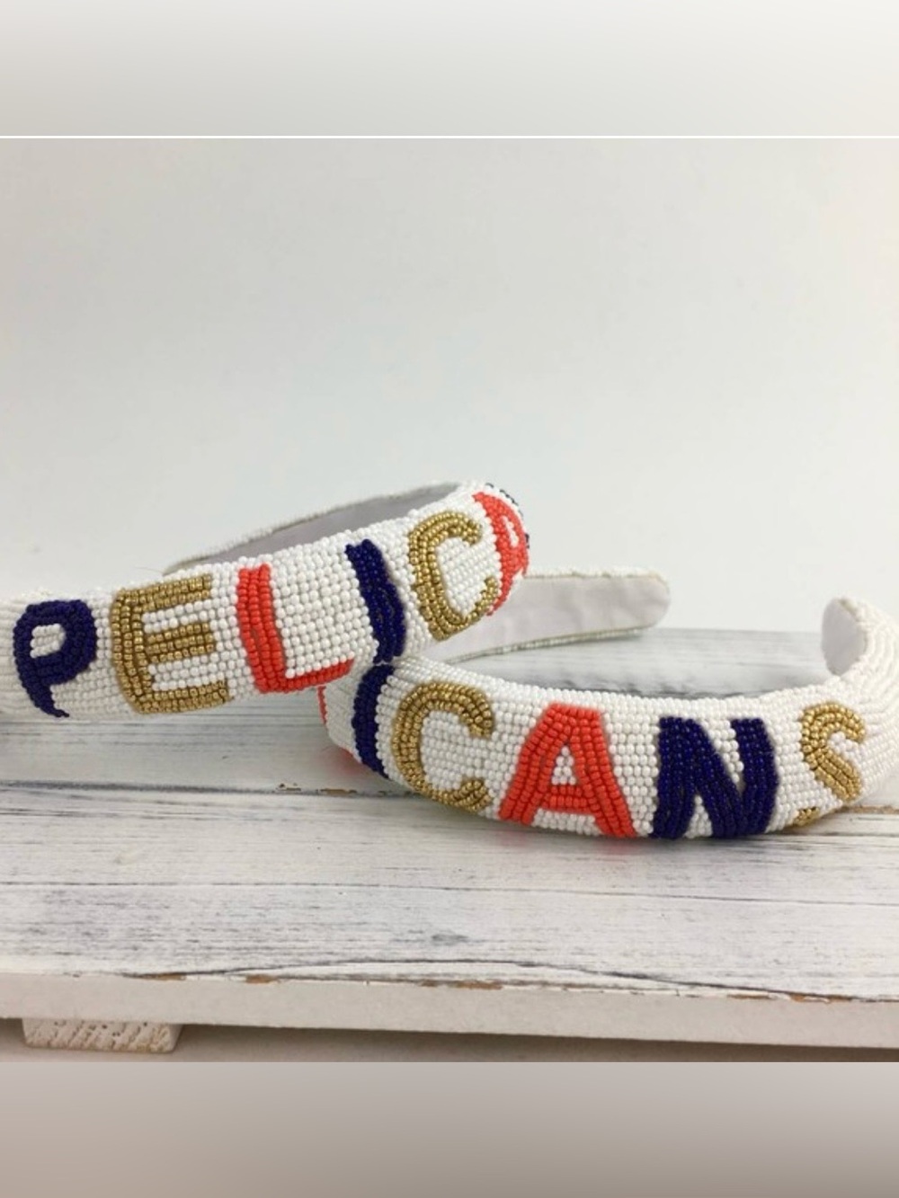 New Orleans Pelicans Beaded Headband with Red, Navy & Gold Lettering
